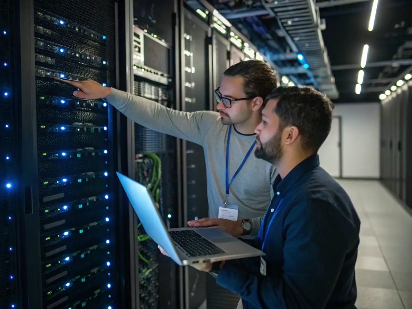 An image of IT specialists working on servers and network infrastructure, highlighting CGO's IT solutions for enhancing organizational efficiency.