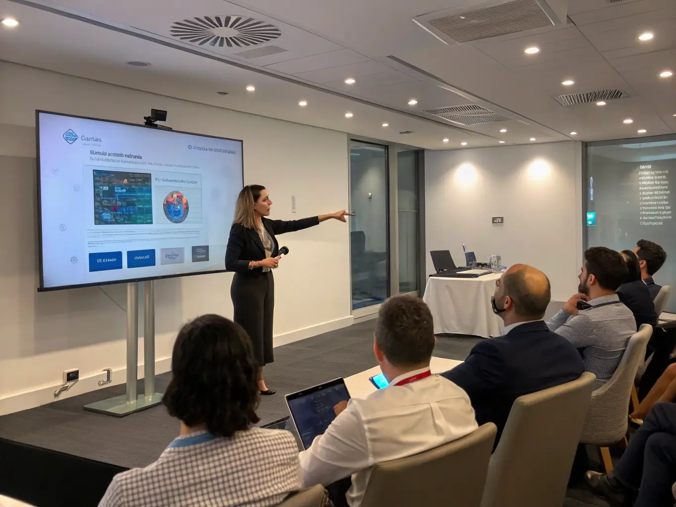 An image depicting a seminar on legal compliance for non-profit organizations, featuring a speaker presenting to an attentive audience. The scene emphasizes the importance of understanding legal frameworks.