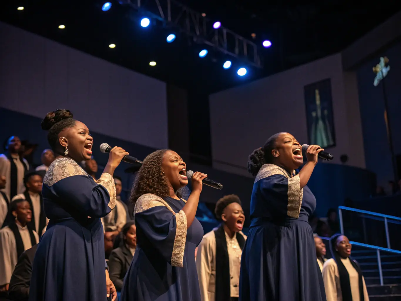 A captivating image of choristers performing on stage during a cultural exchange event, showcasing their talent and passion for vocal art. The audience is visibly engaged and appreciative.