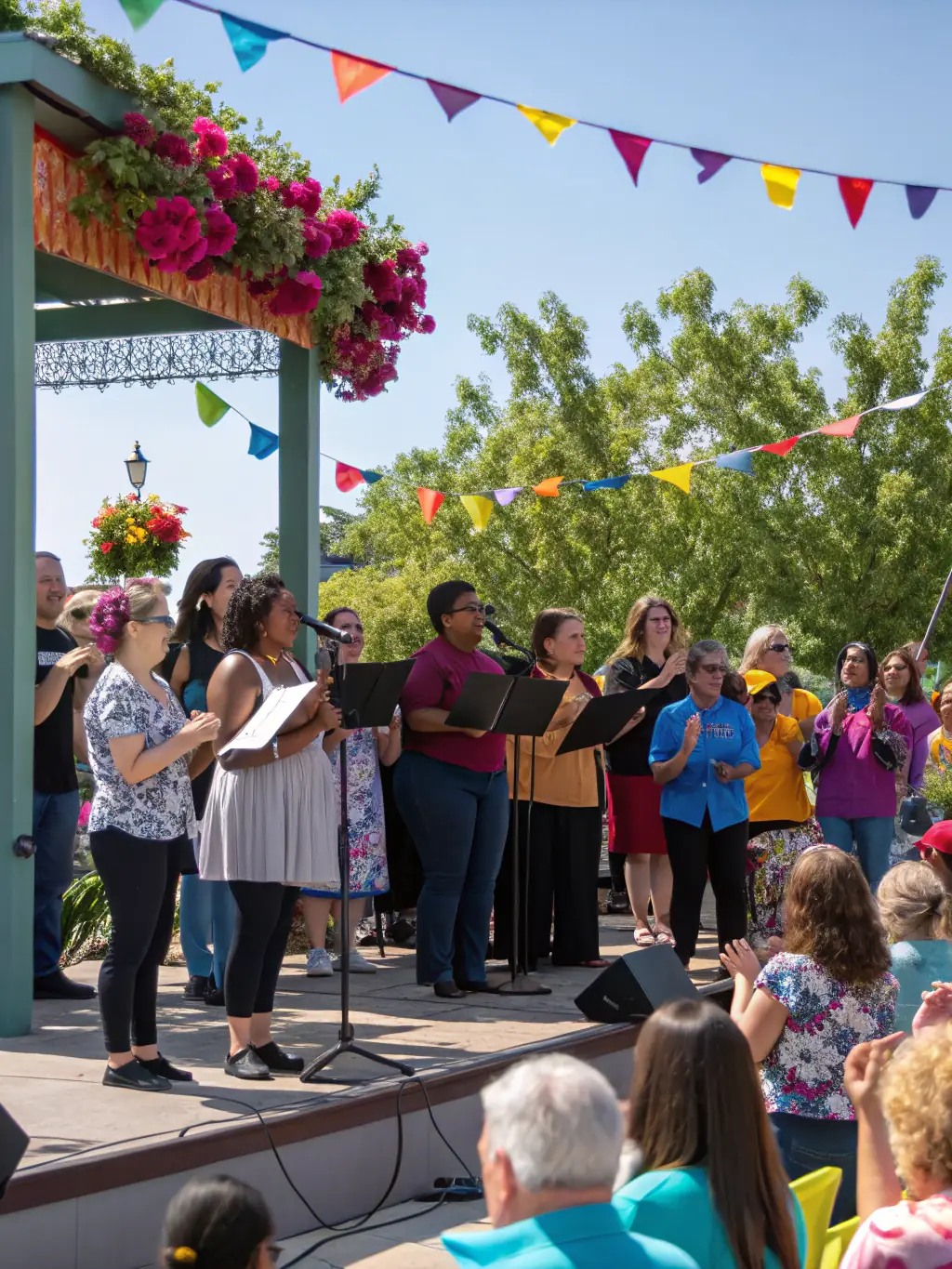 A vibrant scene from a cultural exchange event, featuring choristers performing alongside musicians from another country or region.