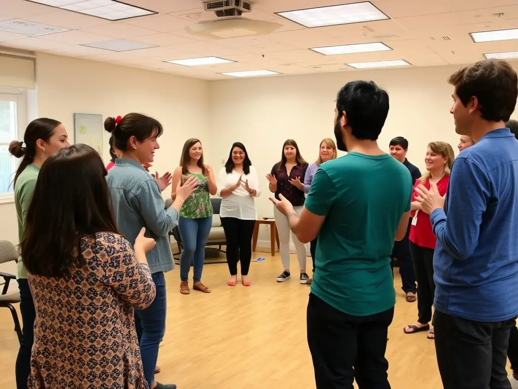 A dynamic image showcasing participants in a vocal workshop, actively learning new techniques and refining their skills under the guidance of an experienced vocal coach. The setting is interactive and encouraging.