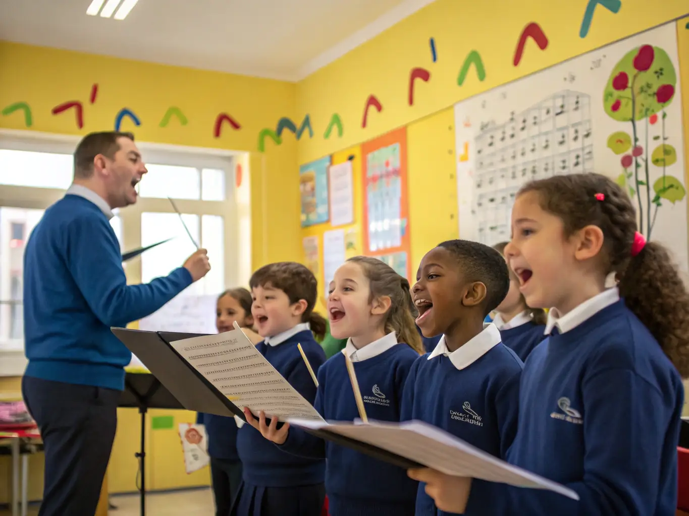 A vibrant image depicting a group of choristers deeply engaged in a choral practice session, led by a conductor in a spacious, well-lit rehearsal room. The atmosphere is one of focused dedication and joyful collaboration.