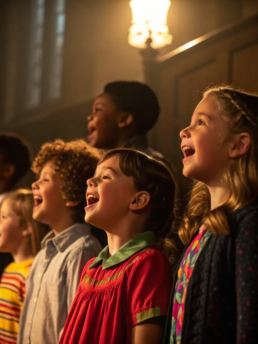 A photo of children participating in a youth choir program, smiling and singing enthusiastically, demonstrating the association's commitment to nurturing young talent.