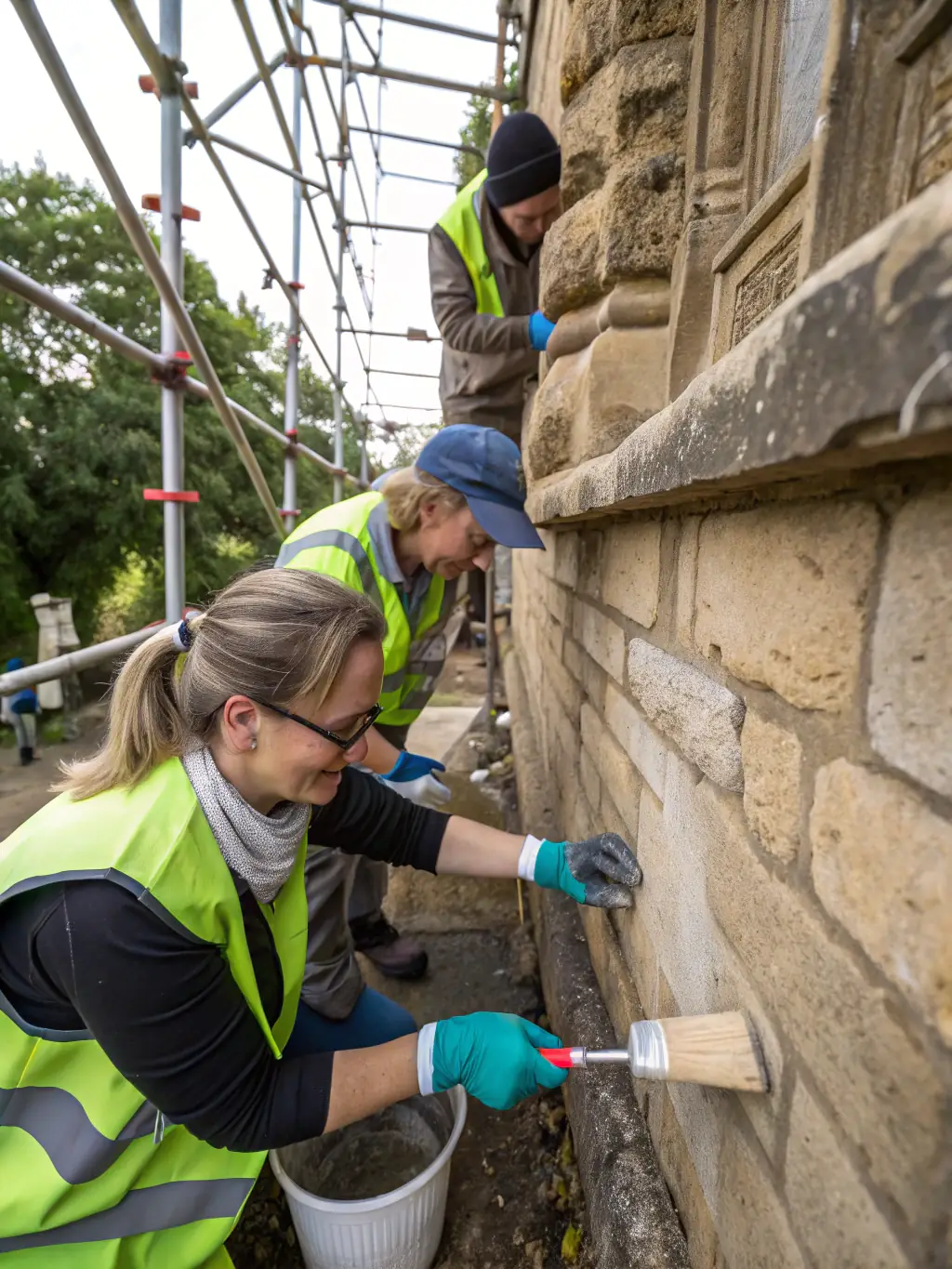 A photo of volunteers restoring a historic building in Meylan, with tools and heritage site in the background.